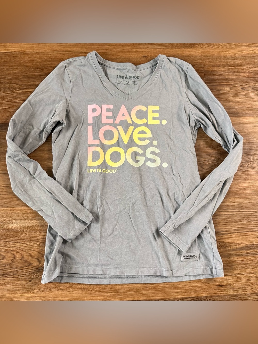 Life is Good Peace Love Dogs Long Sleeve Crusher Tee Pet Blue Shirt Women Small